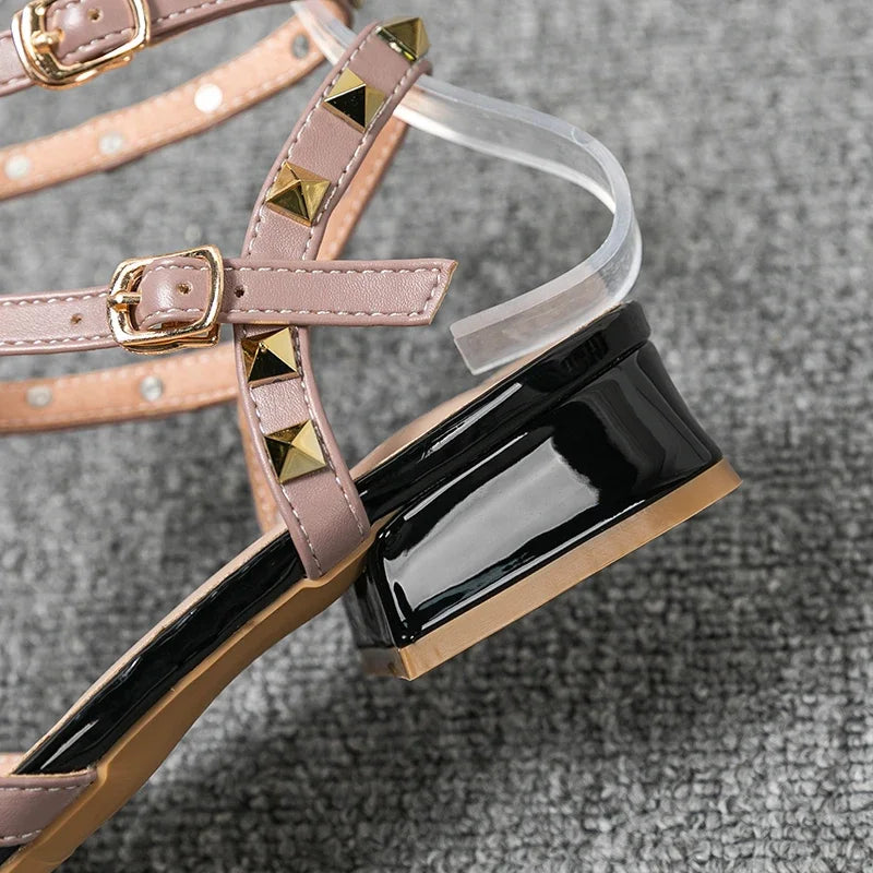 Rivet Strap Pointed-Toe Heeled Sandals | Square Heel