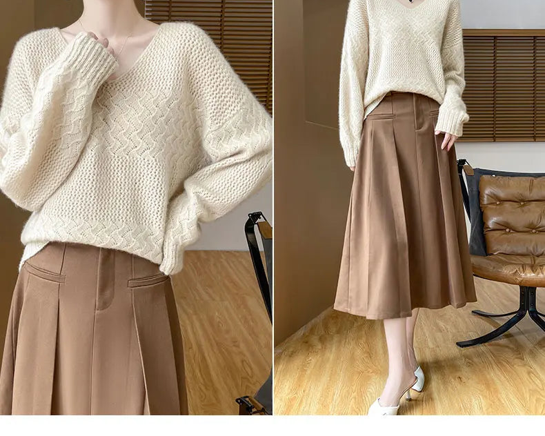 Wool V-Neck Pullover Sweater | Hollow Jacquard Knit | 8 Colors, Sizes M–XL
