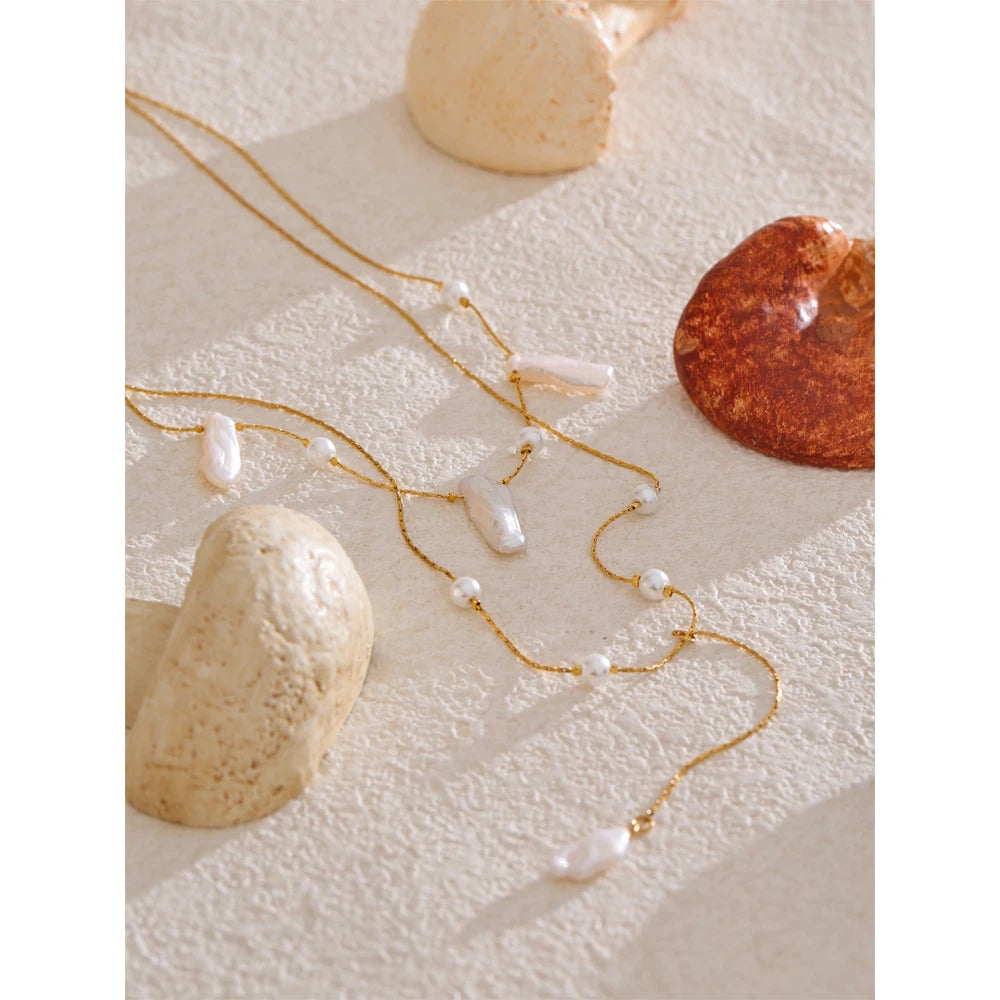 Layered Baroque Freshwater Pearl Lariat Necklace | Double Gold Chain