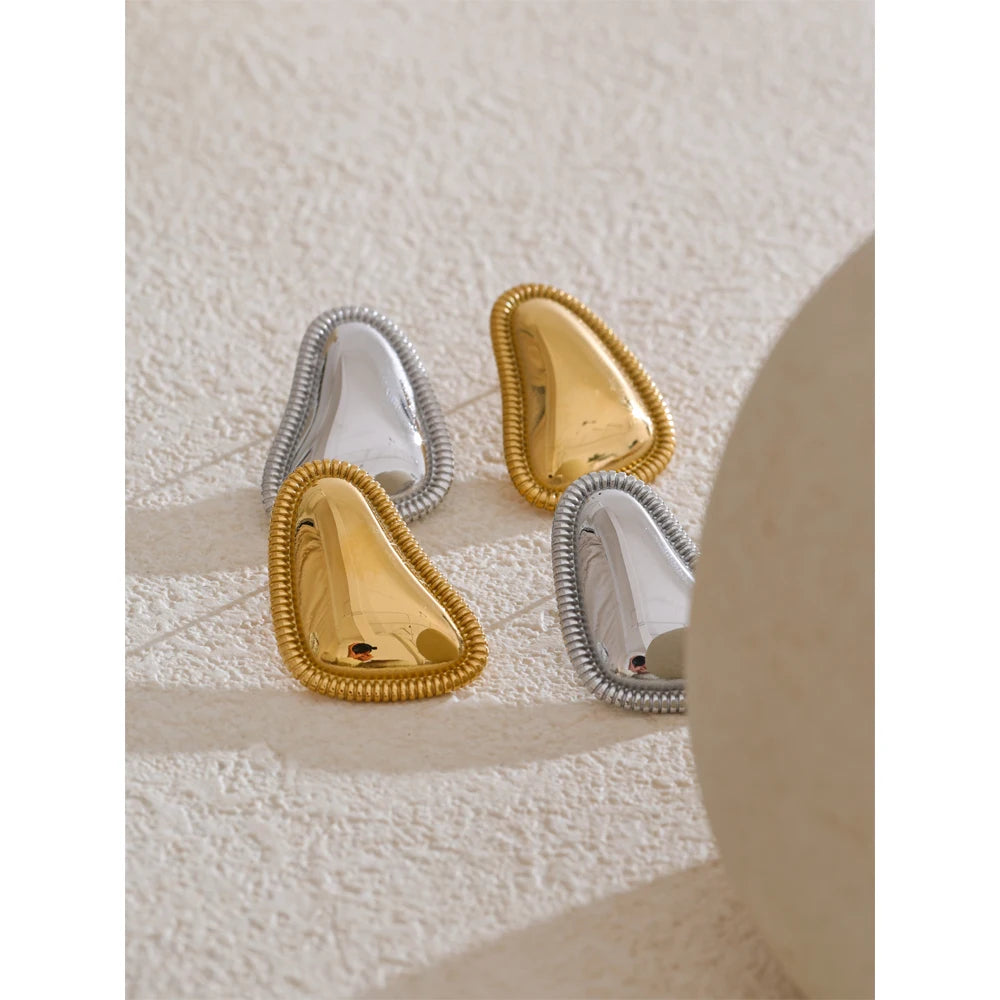 Rounded Triangle Stud Earrings - Stainless Steel Waterproof Non-Tarnish Geometric Ribbed Border Dome Post Earrings for Women (Platinum & Gold) | The PM Edit