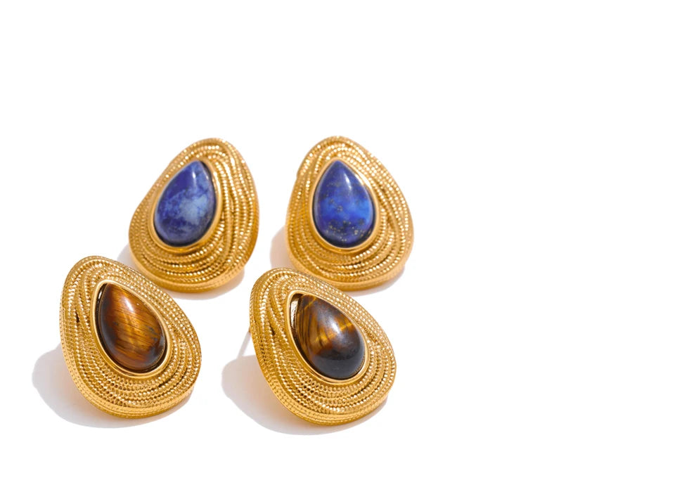 PVD Gold-Plated Stainless Steel Teardrop Stone Stud Earrings