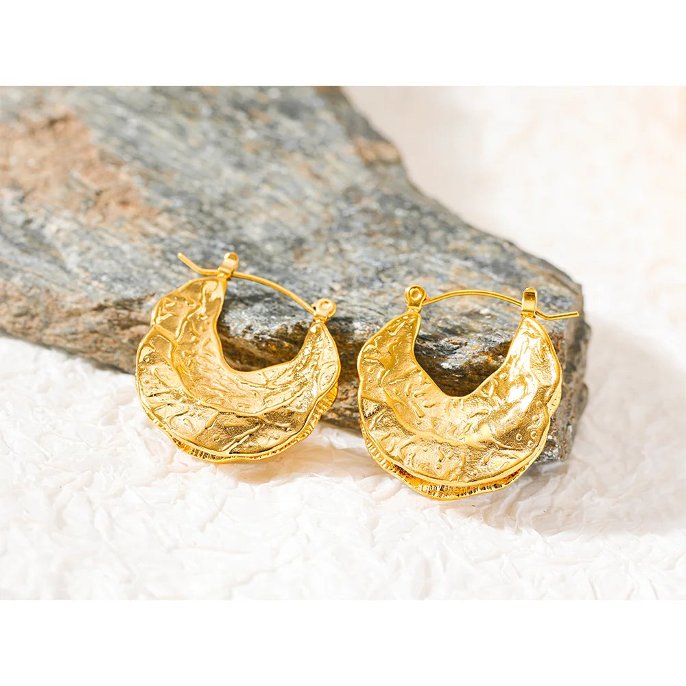 PVD Gold-Plated Stainless Steel Textured Crescent Hoop Earrings