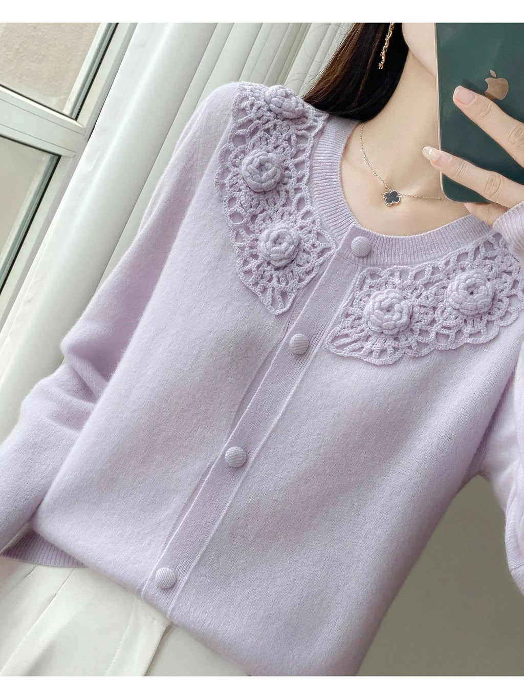 Crochet Floral Collar Cardigan | Button-Down Knit | 6 Colors, Sizes S–XXL