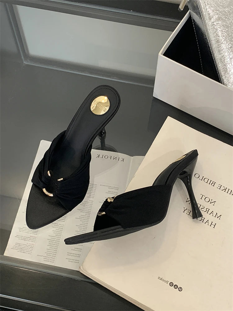 Knotted Silk Stiletto Mule Heels | Pointed Toe | Black & Brown