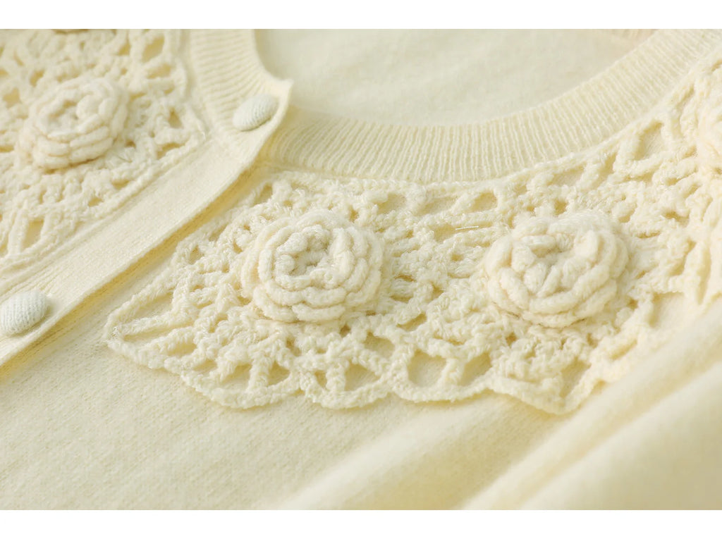 Crochet Floral Collar Cardigan | Button-Down Knit | 6 Colors, Sizes S–XXL