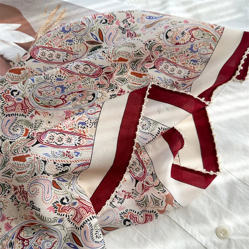 Mulberry Silk Square Scarf | Burgundy Border, Paisley Print | 65x65cm