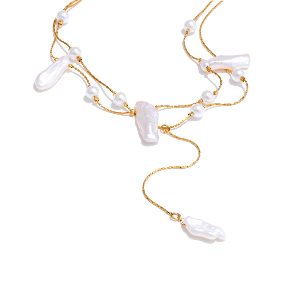 Layered Baroque Freshwater Pearl Lariat Necklace | Double Gold Chain