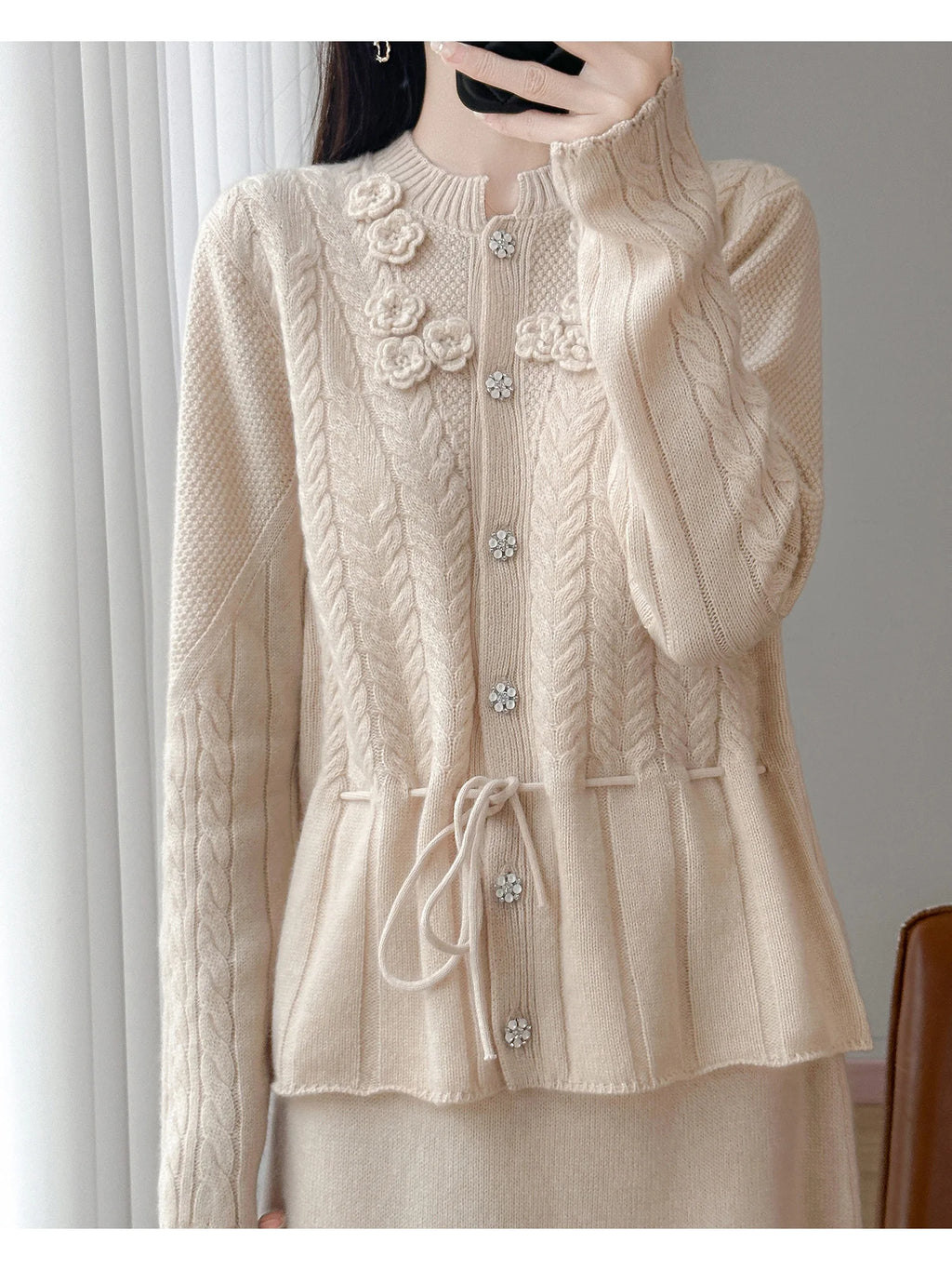 Floral Appliqué Cable-Knit Cardigan | Rhinestone Buttons, Drawstring Waist | 5 Colors, Sizes M–XXL