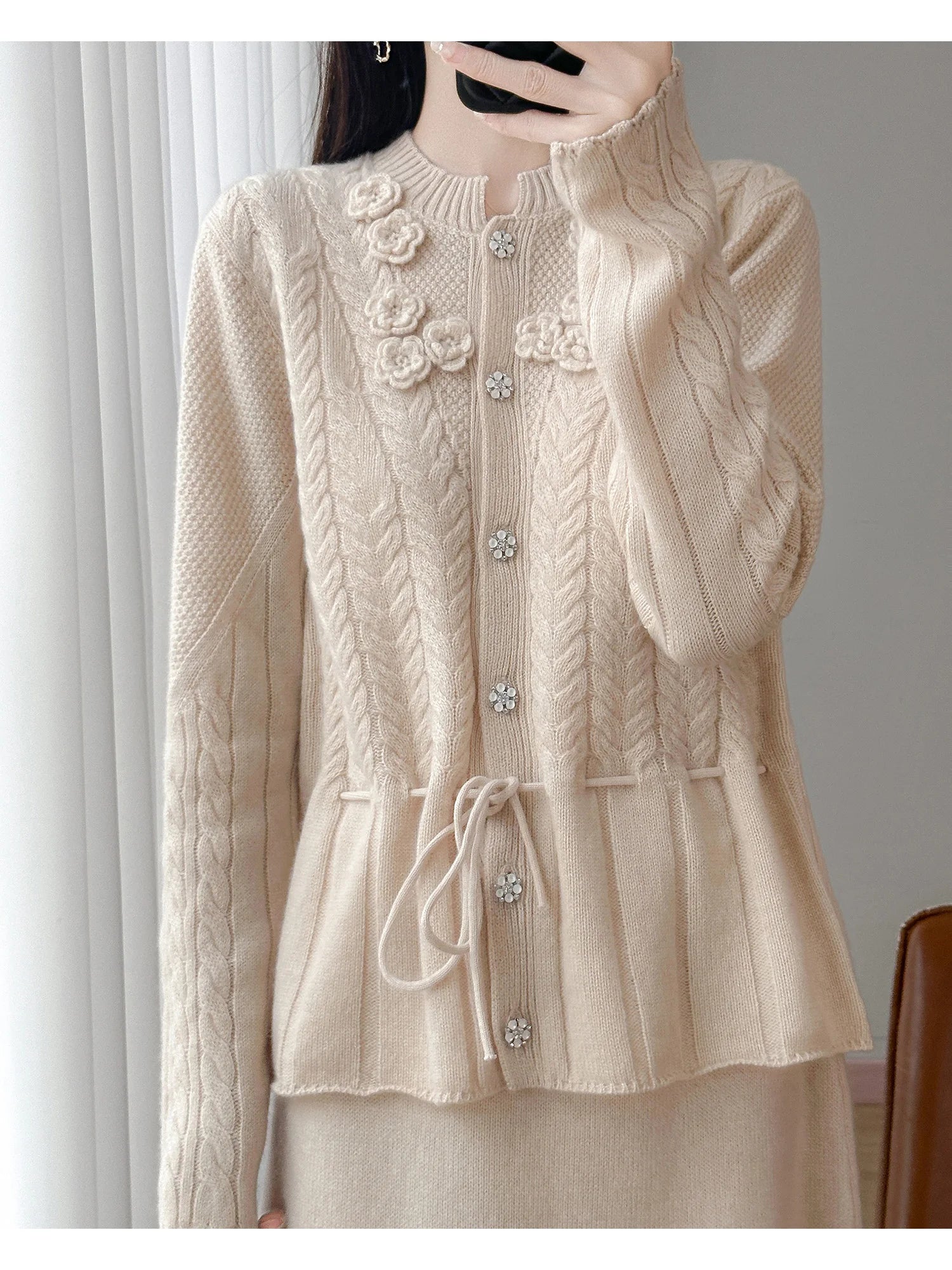 Floral Appliqué Cable-Knit Cardigan | Rhinestone Buttons, Drawstring Waist | 5 Colors, Sizes M–XXL
