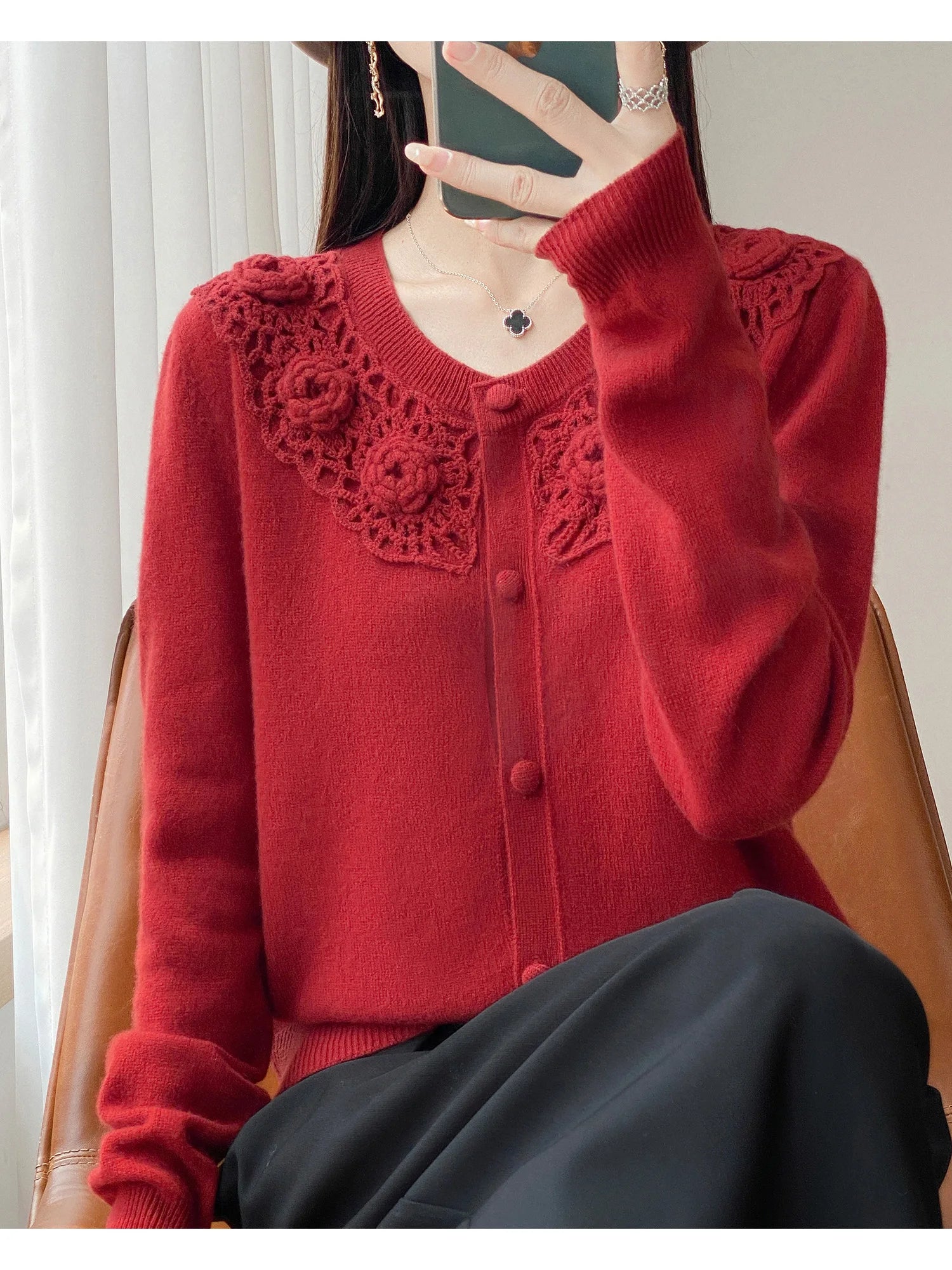 Crochet Floral Collar Cardigan | Button-Down Knit | 6 Colors, Sizes S–XXL