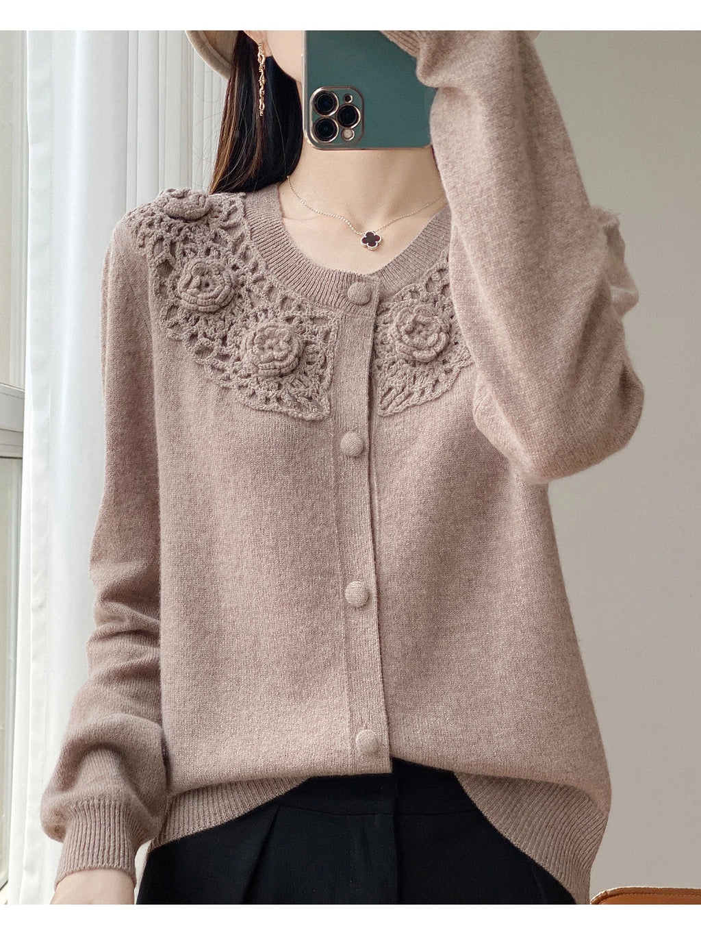 Crochet Floral Collar Cardigan | Button-Down Knit | 6 Colors, Sizes S–XXL