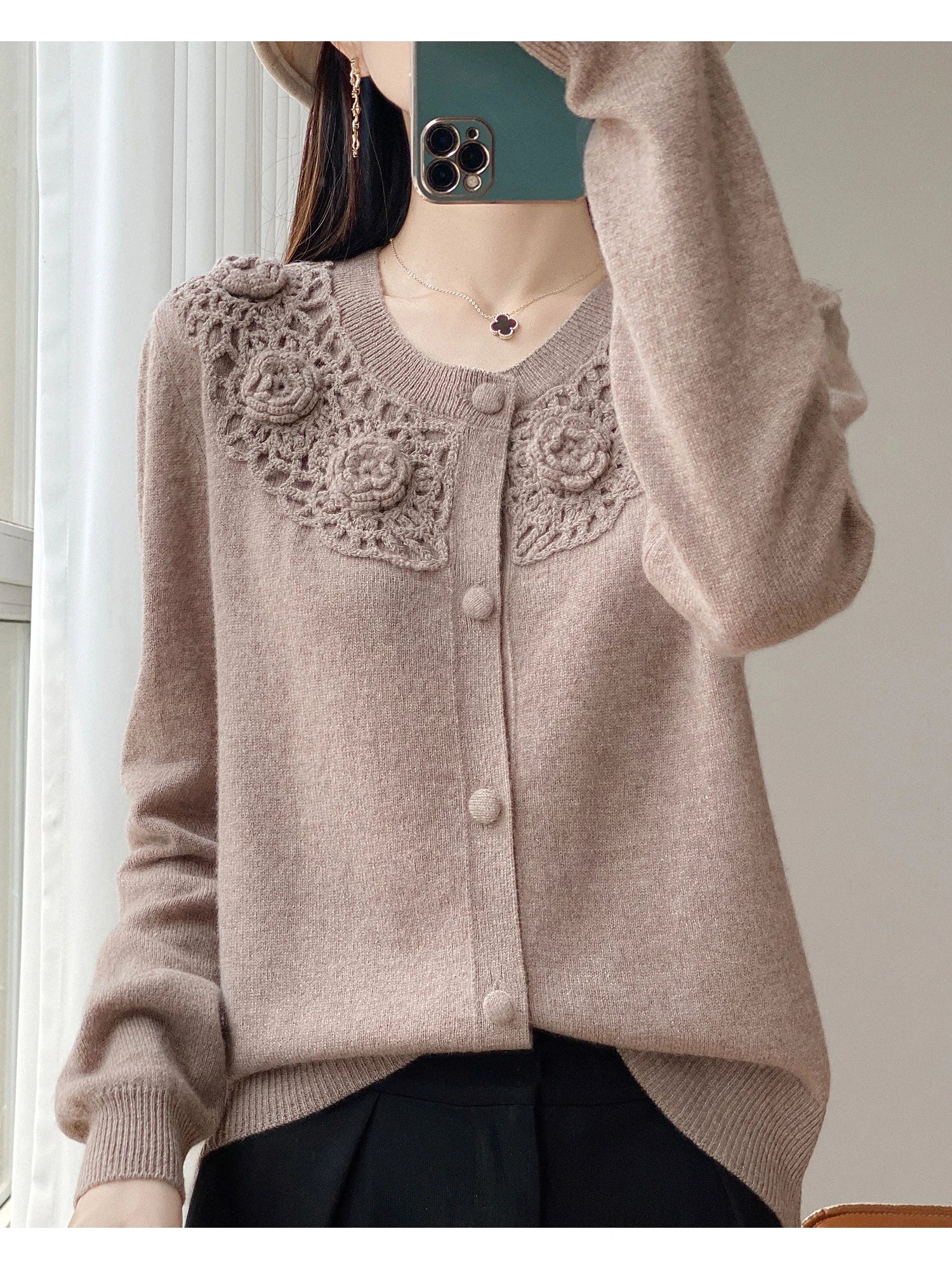Crochet Floral Collar Cardigan | Button-Down Knit | 6 Colors, Sizes S–XXL