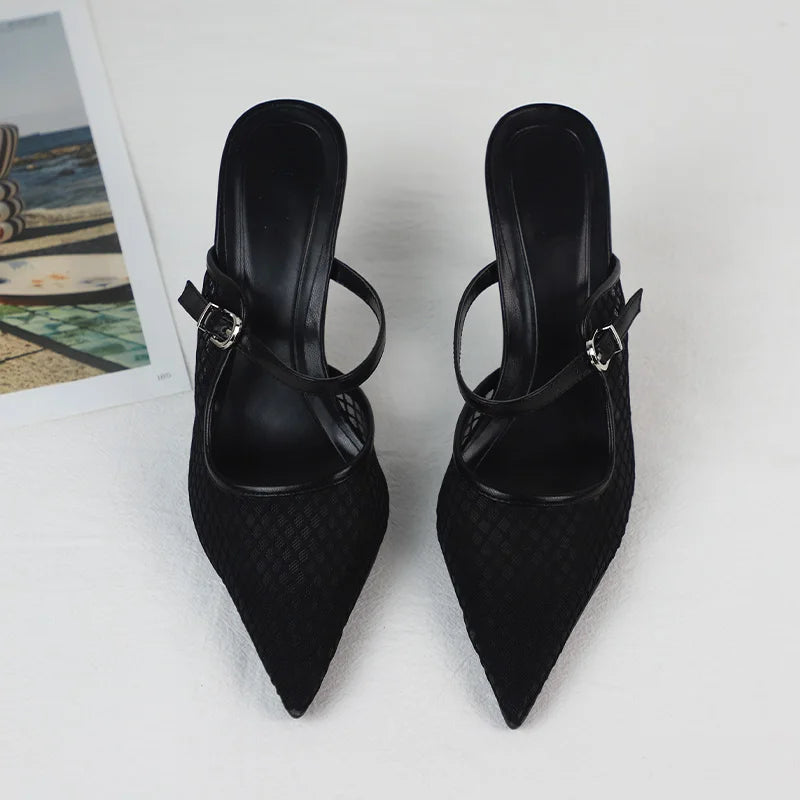 Pointed Toe Mesh Slingback Stiletto Mules — Black