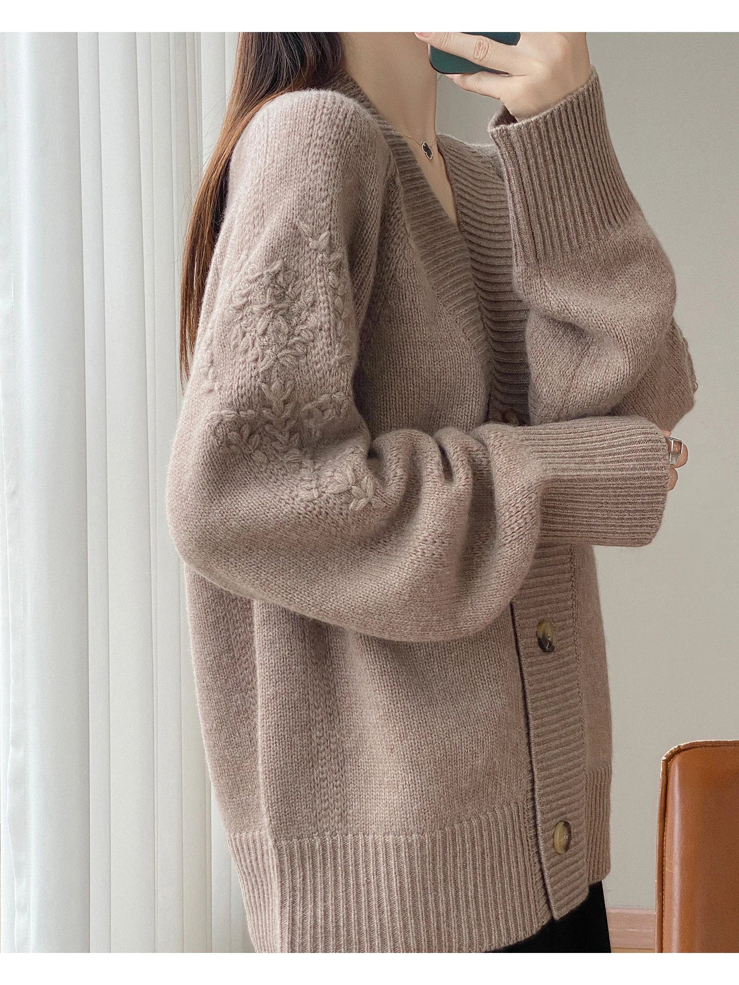 Wool V-Neck Cardigan | Cable Sleeve Detail, Oversized Fit | Women's