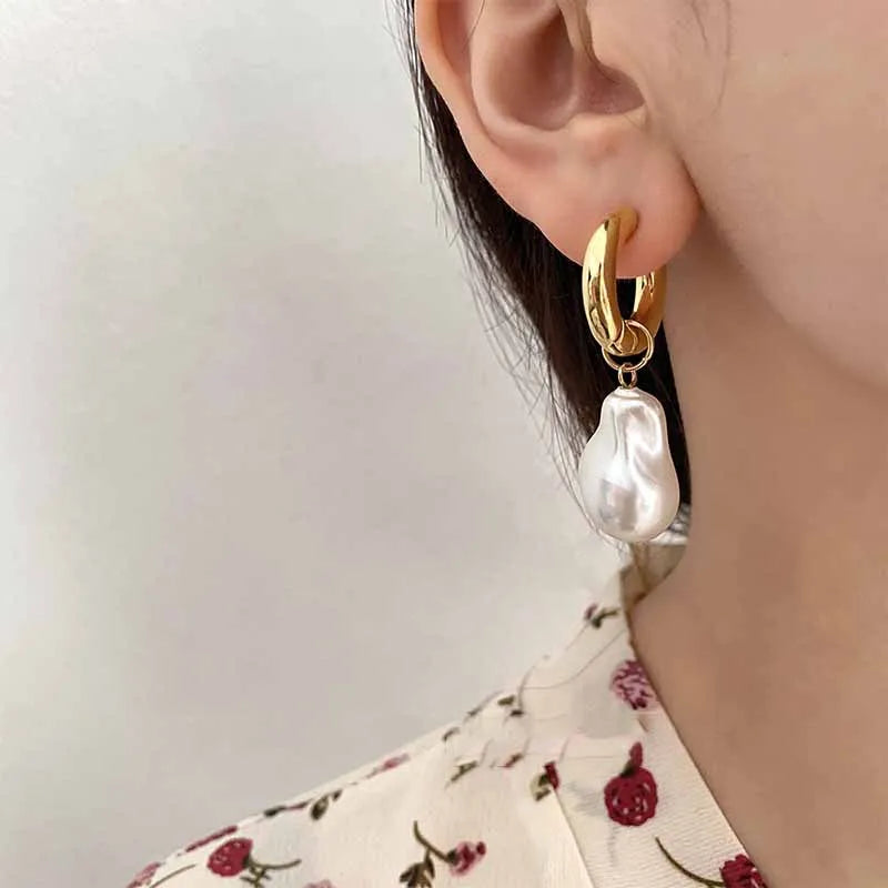 Baroque Pearl Huggie Drop Earrings