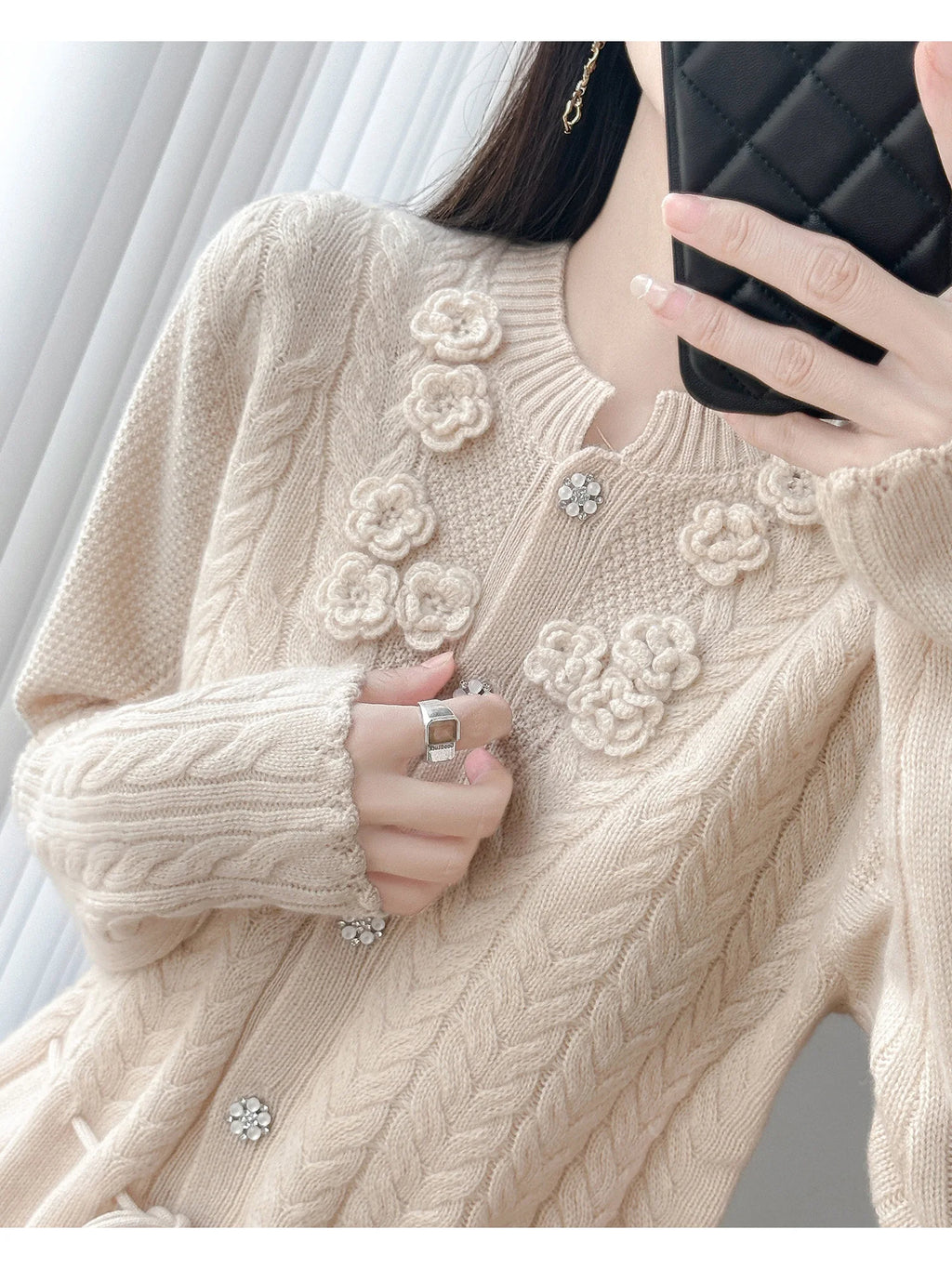 Floral Appliqué Cable-Knit Cardigan | Rhinestone Buttons, Drawstring Waist | 5 Colors, Sizes M–XXL