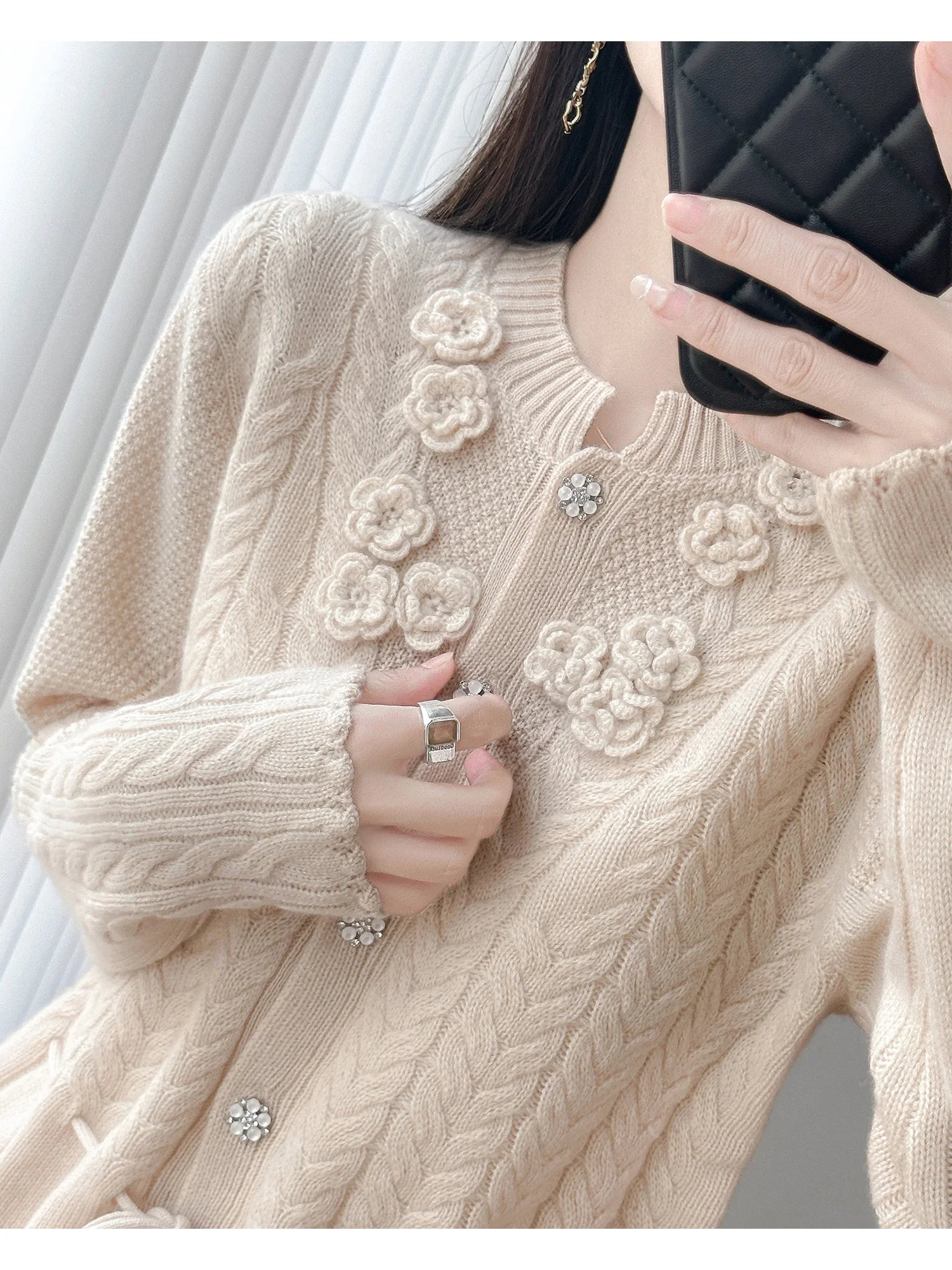 Floral Appliqué Cable-Knit Cardigan | Rhinestone Buttons, Drawstring Waist | 5 Colors, Sizes M–XXL