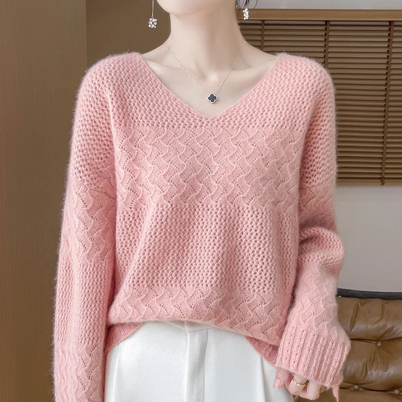 Wool V-Neck Pullover Sweater | Hollow Jacquard Knit | 8 Colors, Sizes M–XL
