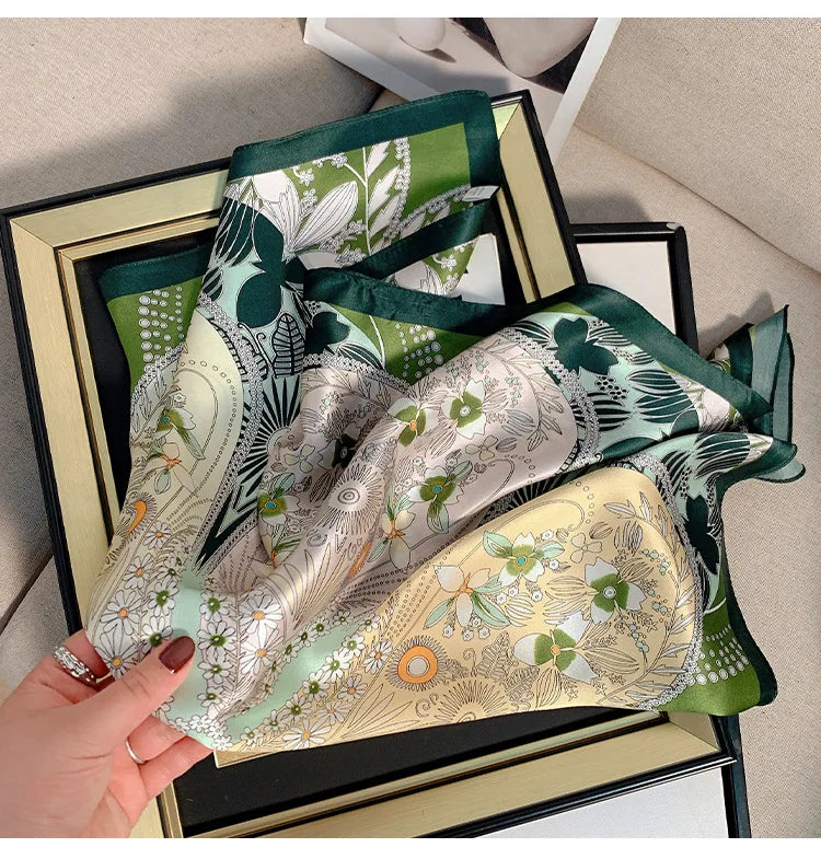 Green Botanical Print Silk Square Scarf | 68x68cm