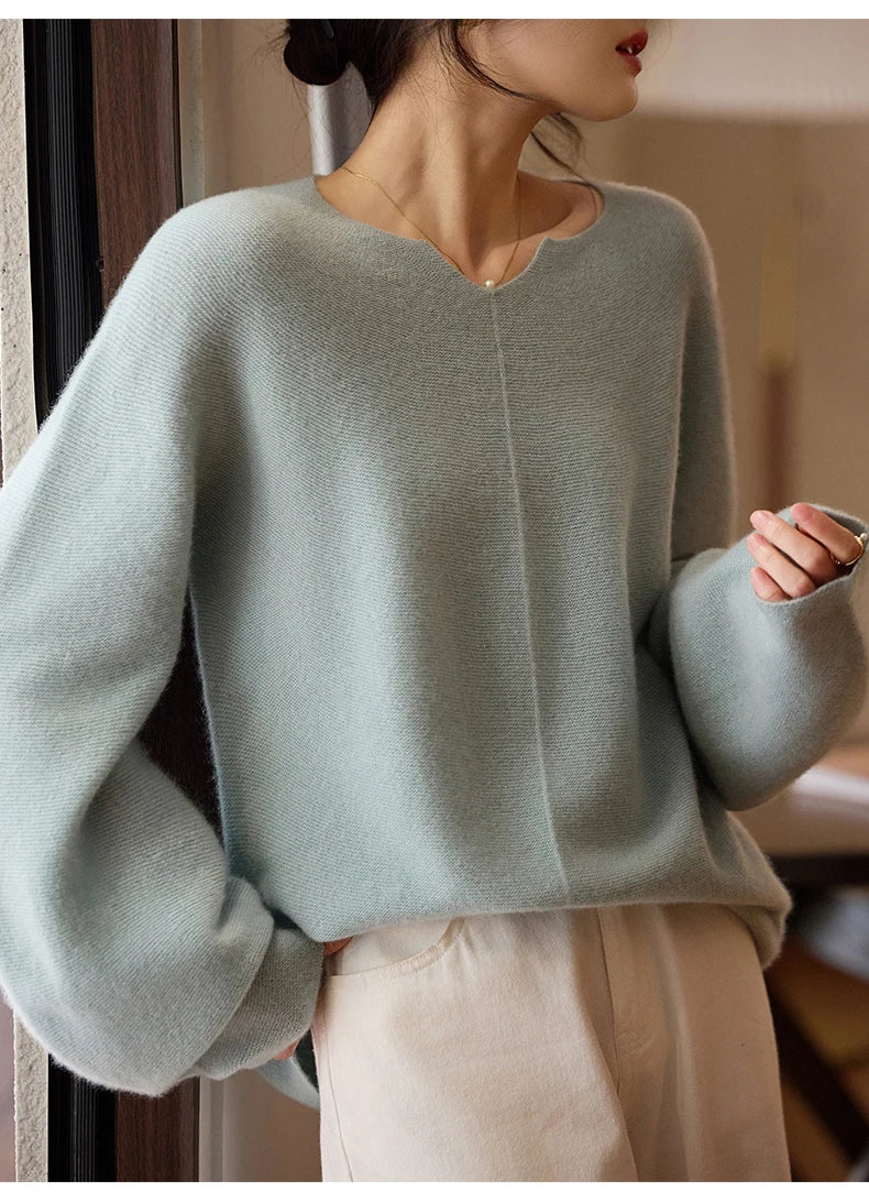 Women's Oversized Pure Wool Pullover Sweater | Notch Neck | Balloon Sleeves | 6 Colors