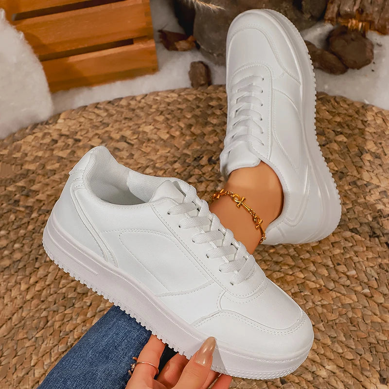 White Platform Sneakers – Chunky Lace-Up PU Leather Shoes for Women