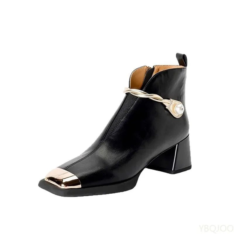 Gold Metal Toe Cap Ankle Boots – Pearl Chain Detail | Black & Brown - The PM Edit