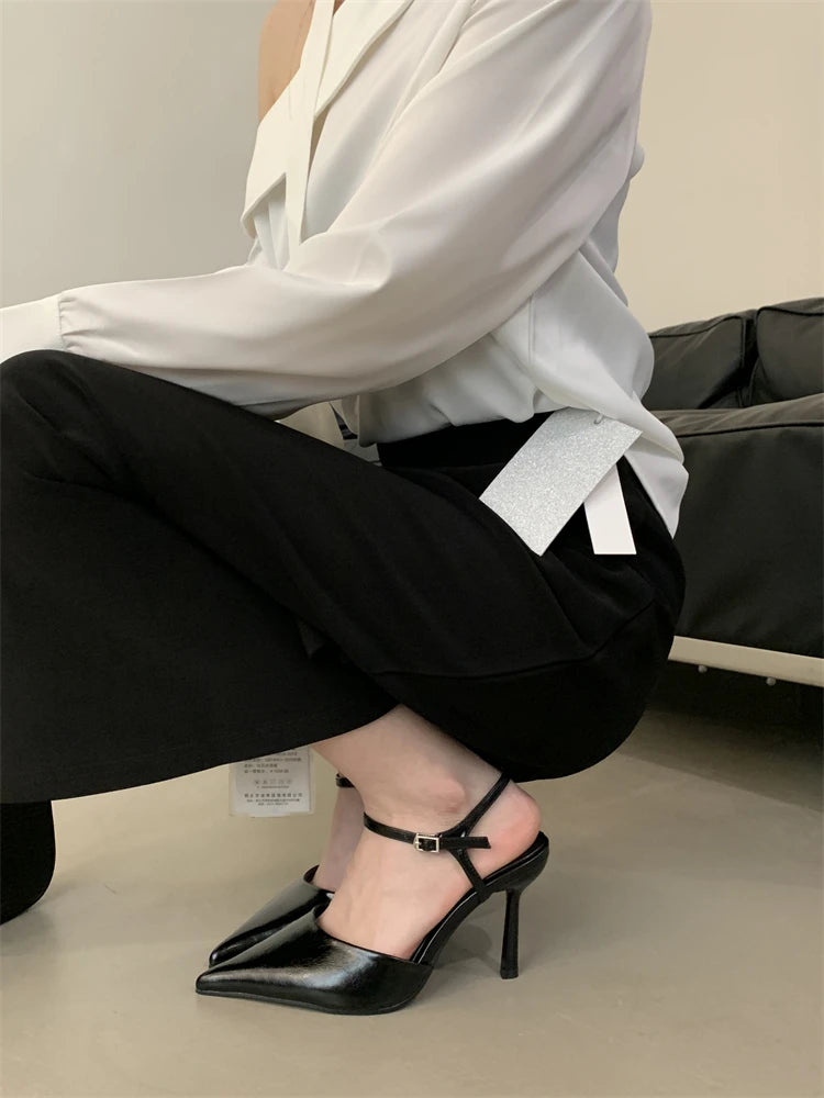 Patent Leather Pointed-Toe Slingback Pumps | Buckle Ankle Strap Stiletto Heels