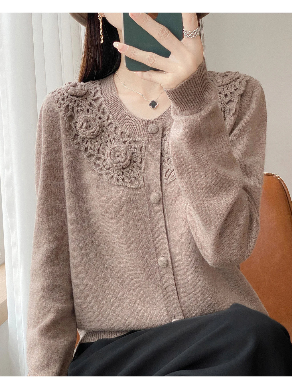 Crochet Floral Collar Cardigan | Button-Down Knit | 6 Colors, Sizes S–XXL