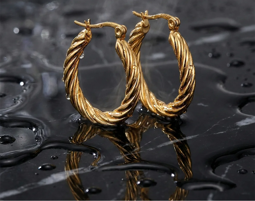 Twisted Rope Gold Hoop Earrings | 18K PVD Waterproof Stainless Steel Jewelry