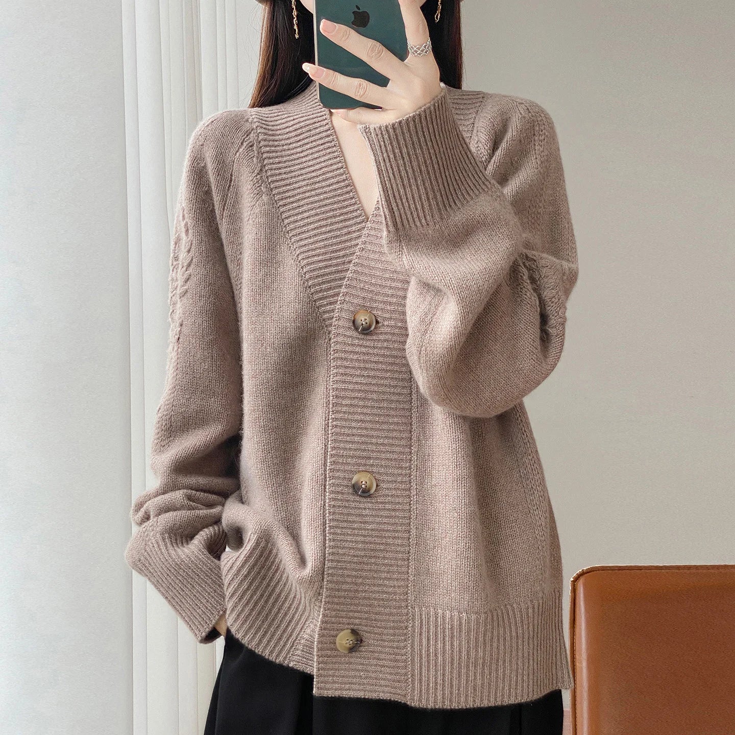 Wool V-Neck Cardigan | Cable Sleeve Detail, Oversized Fit | Women's