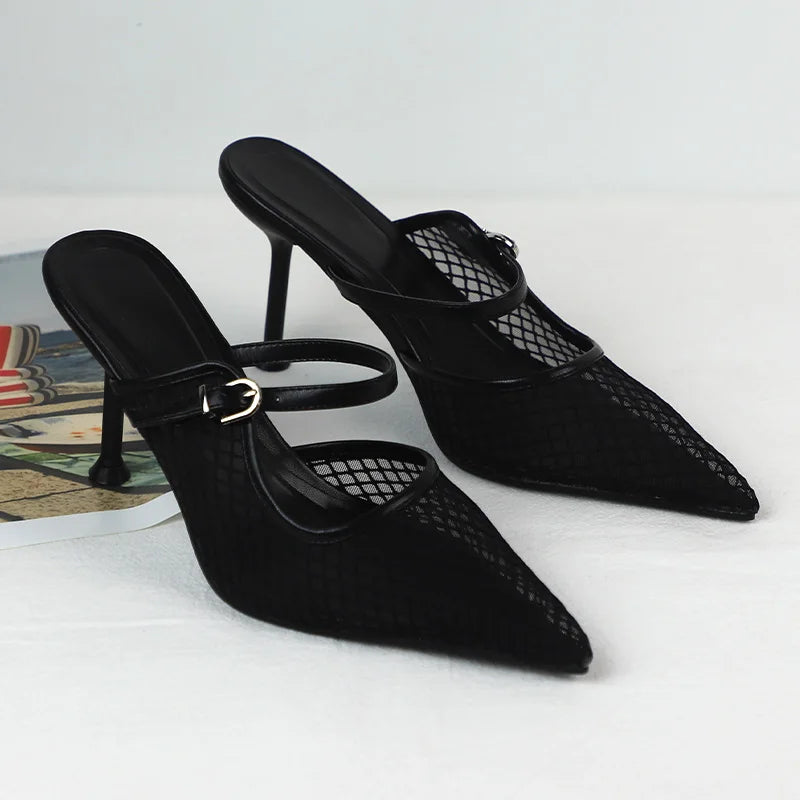 Pointed Toe Mesh Slingback Stiletto Mules — Black