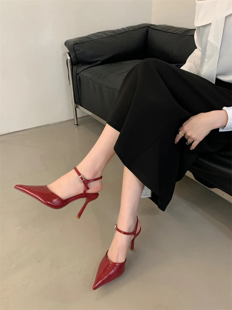 Patent Leather Pointed-Toe Slingback Pumps | Buckle Ankle Strap Stiletto Heels