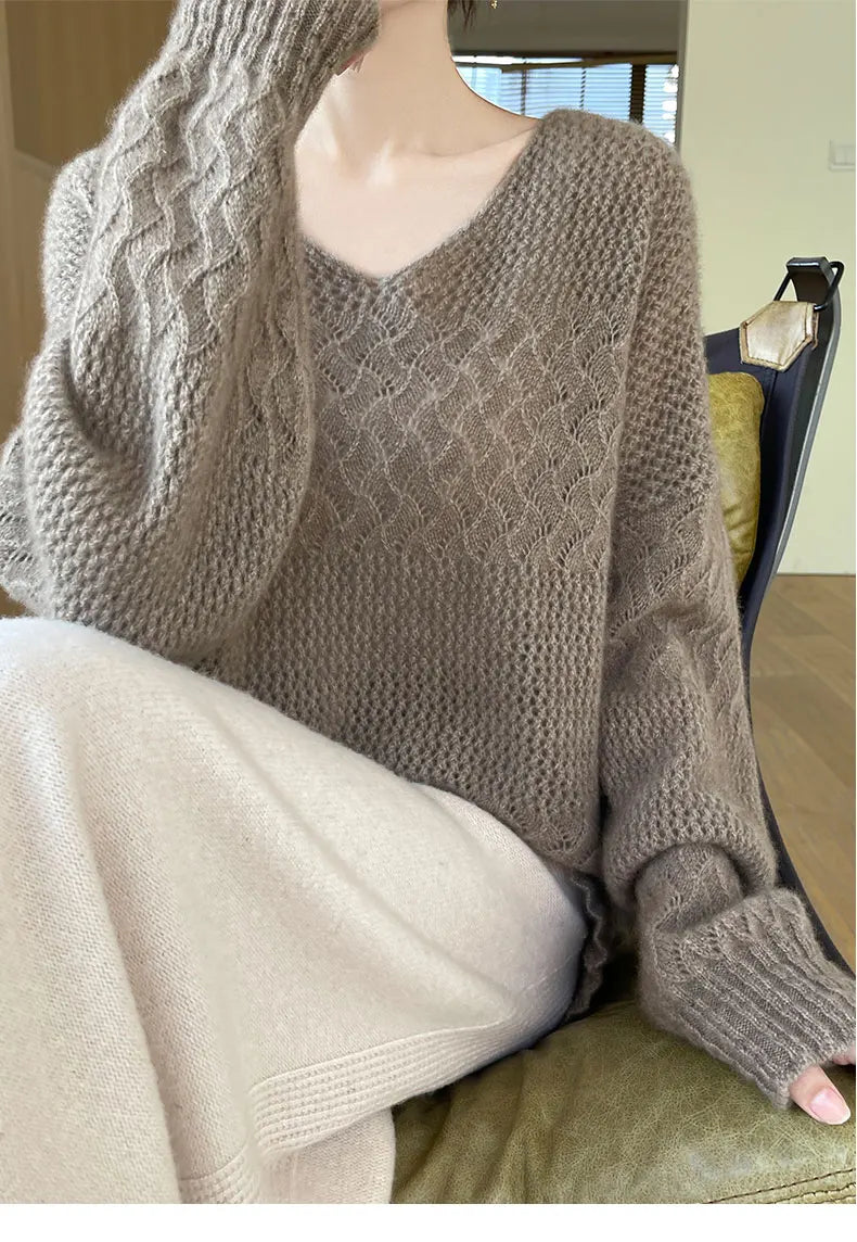 Wool V-Neck Pullover Sweater | Hollow Jacquard Knit | 8 Colors, Sizes M–XL
