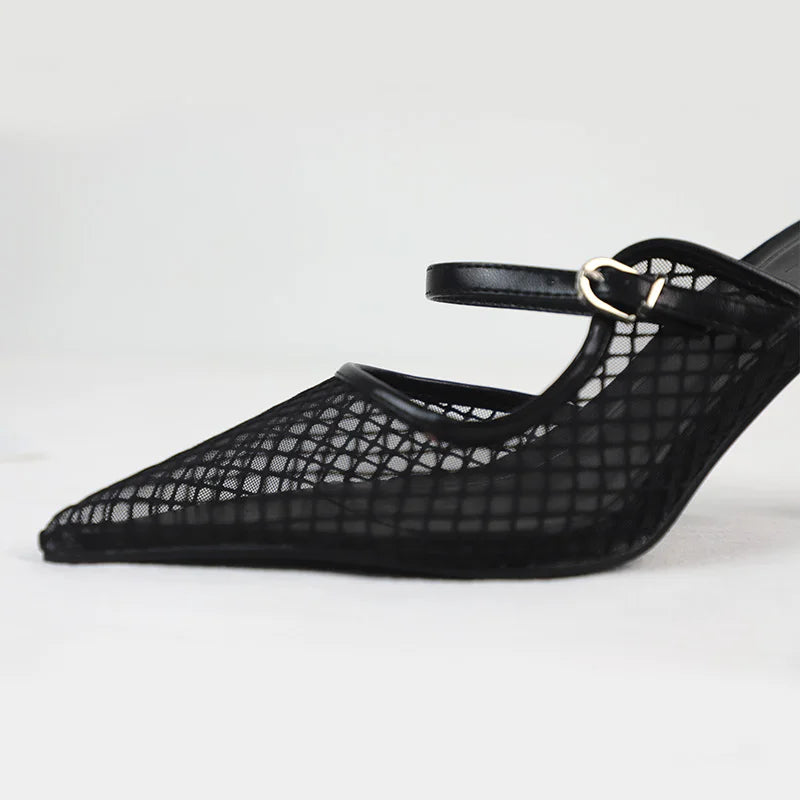 Pointed Toe Mesh Slingback Stiletto Mules — Black