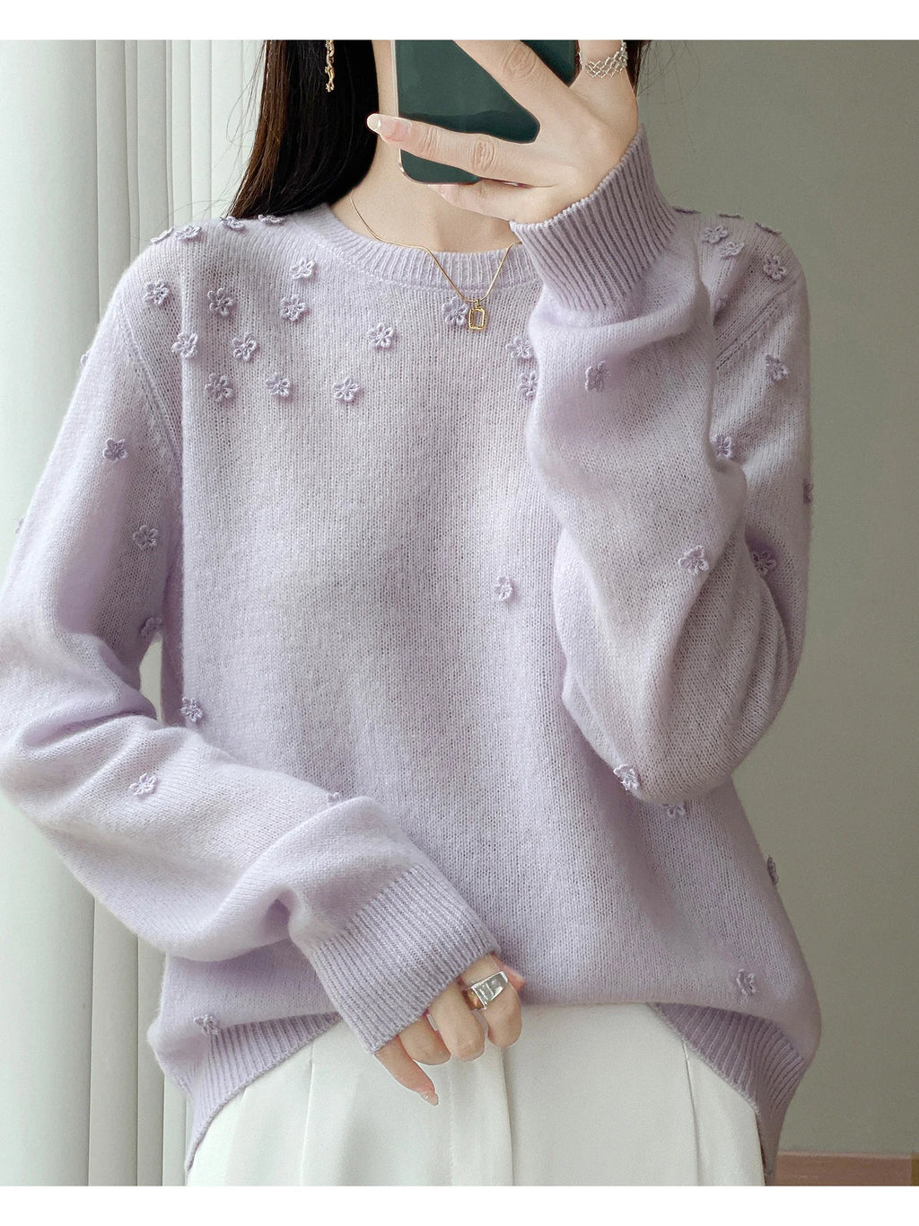 Wool Round Neck Pullover Sweater | Full-Body Floral Knit | 6 Colors, Sizes S–XXL