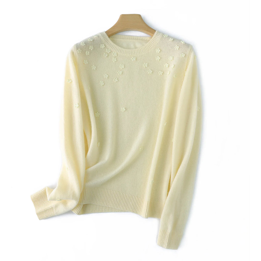 Wool Round Neck Pullover Sweater | Full-Body Floral Knit | 6 Colors, Sizes S–XXL