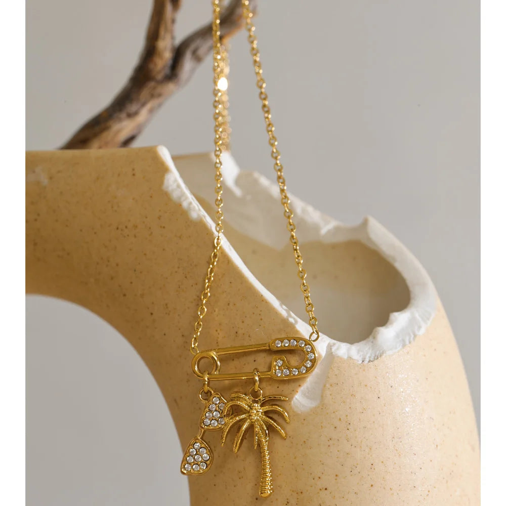 Stainless Steel Palm Tree & Sunglasses Charm Necklace