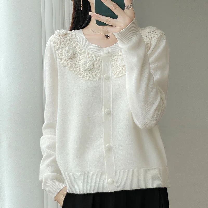 Crochet Floral Collar Cardigan | Button-Down Knit | 6 Colors, Sizes S–XXL