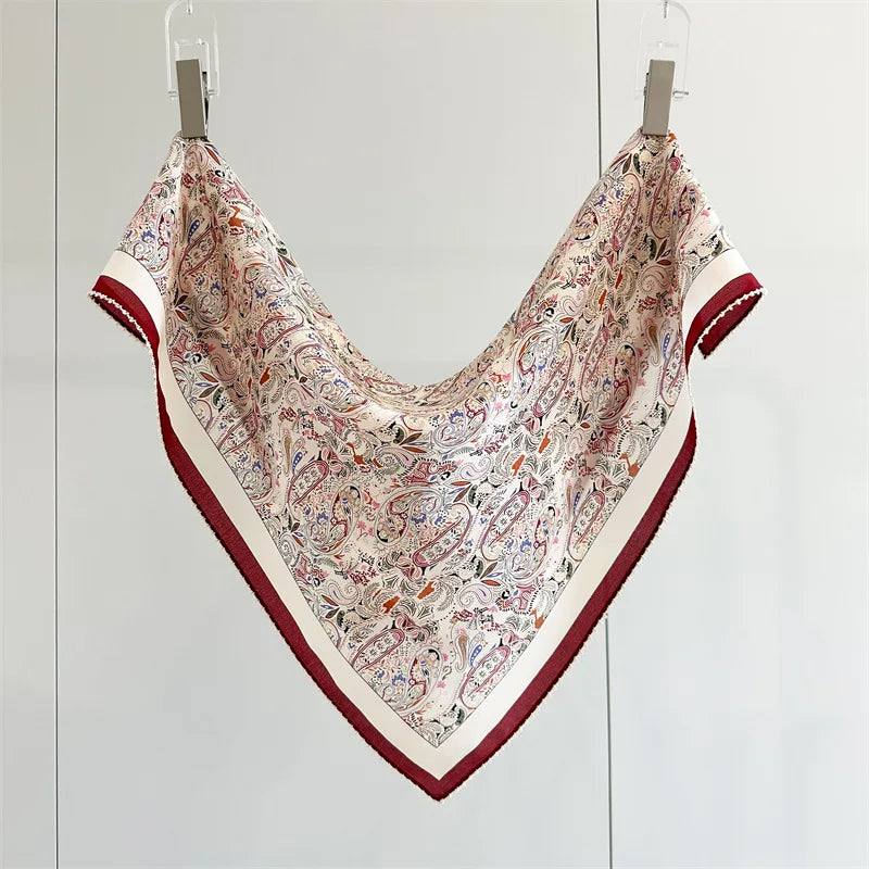 Mulberry Silk Square Scarf | Burgundy Border, Paisley Print | 65x65cm