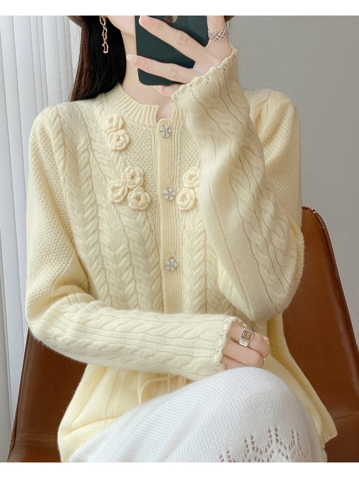 Floral Appliqué Cable-Knit Cardigan | Rhinestone Buttons, Drawstring Waist | 5 Colors, Sizes M–XXL
