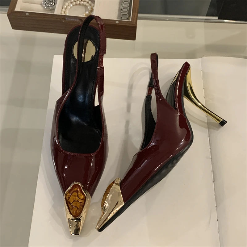 Diamond Inlay Pointed Toe Slingback Heels