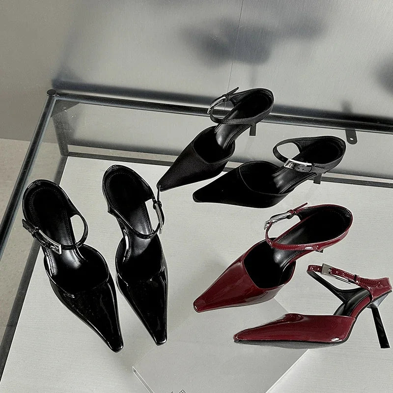 Pointed-Toe Strappy Slip-On Heels