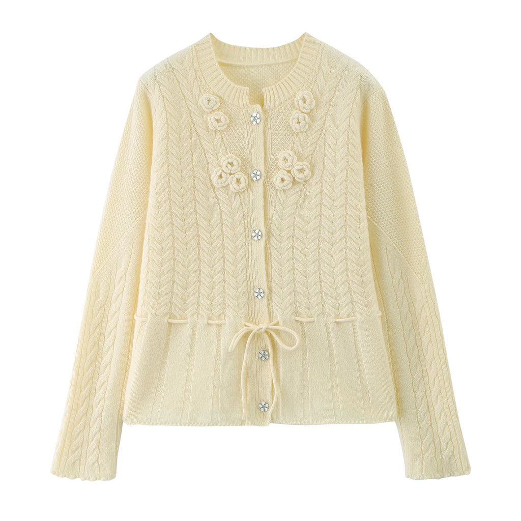 Floral Appliqué Cable-Knit Cardigan | Rhinestone Buttons, Drawstring Waist | 5 Colors, Sizes M–XXL