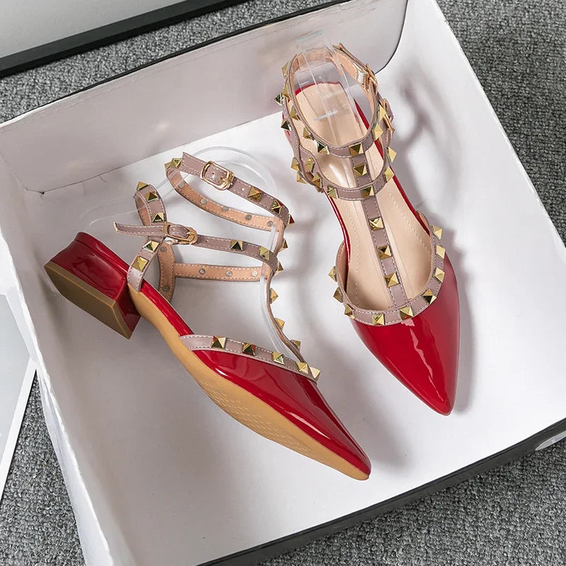 Rivet Strap Pointed-Toe Heeled Sandals | Square Heel