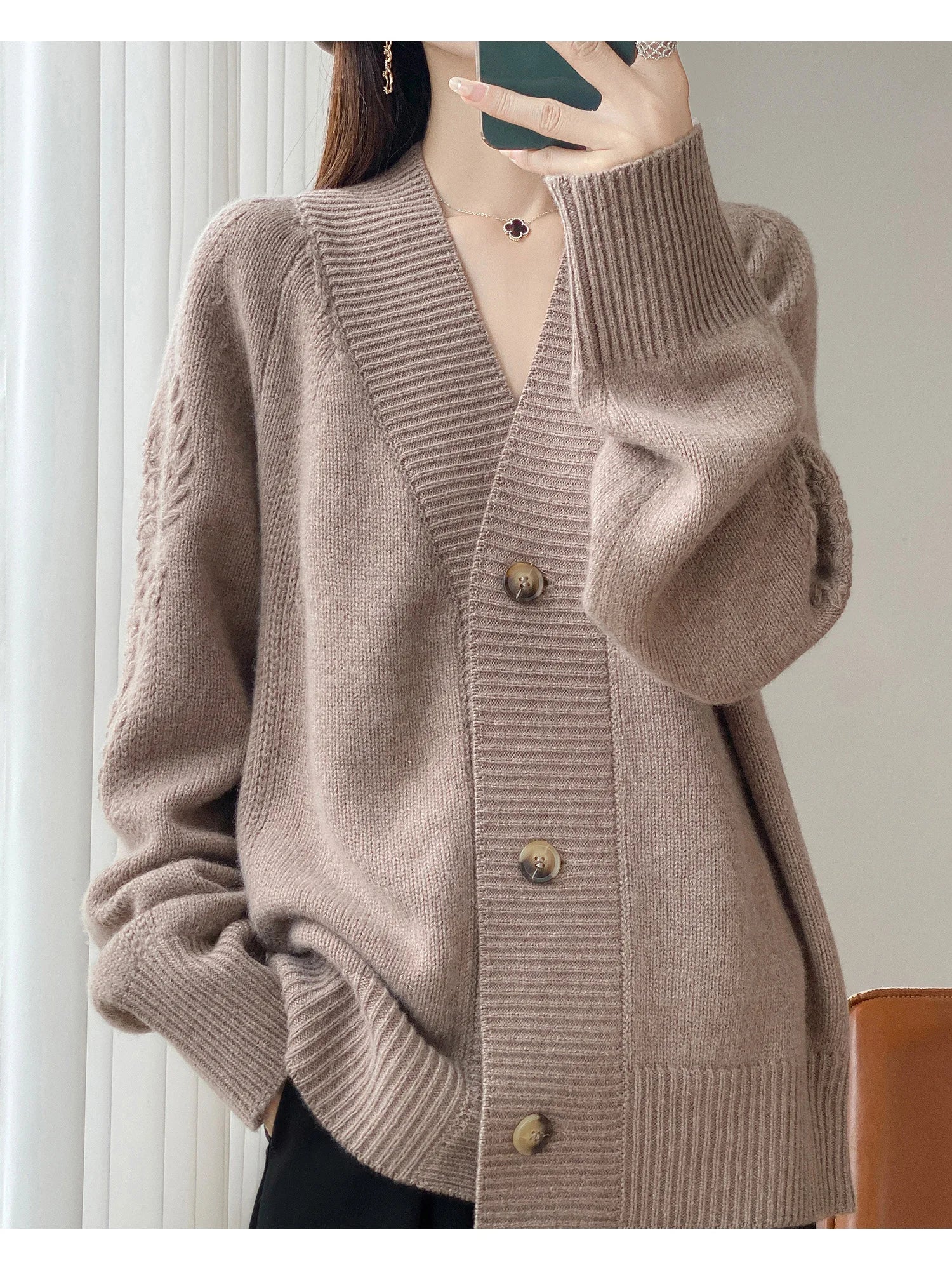 Wool V-Neck Cardigan | Cable Sleeve Detail, Oversized Fit | Women's