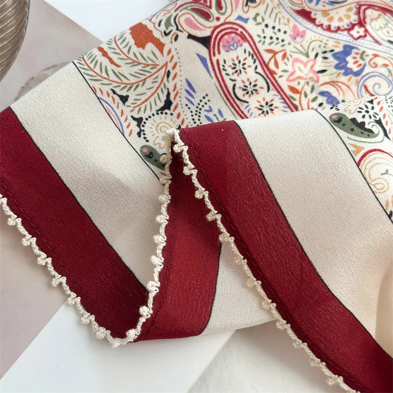 Mulberry Silk Square Scarf | Burgundy Border, Paisley Print | 65x65cm