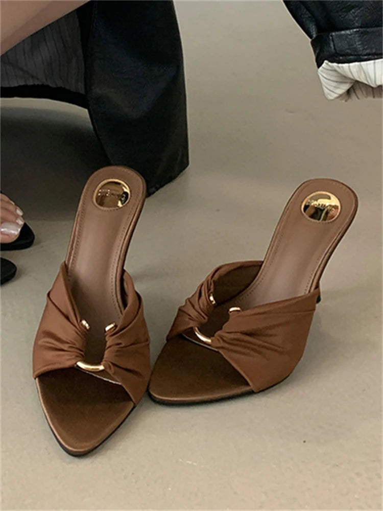Knotted Silk Stiletto Mule Heels | Pointed Toe | Black & Brown