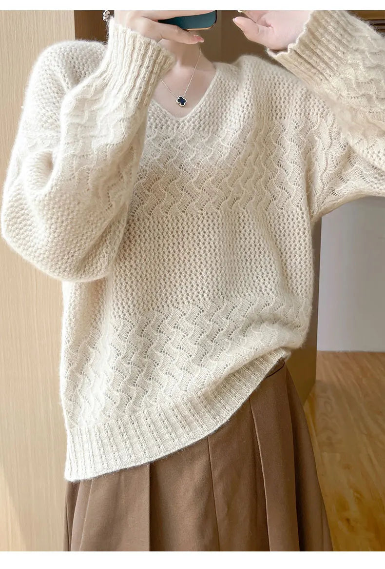 Wool V-Neck Pullover Sweater | Hollow Jacquard Knit | 8 Colors, Sizes M–XL