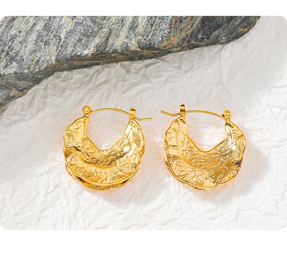 PVD Gold-Plated Stainless Steel Textured Crescent Hoop Earrings