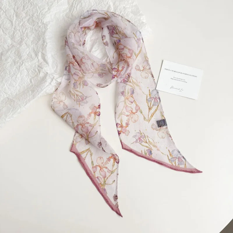 Floral Chiffon Silk-Feel Scarf, 135 x 10 cm | 6 Colors